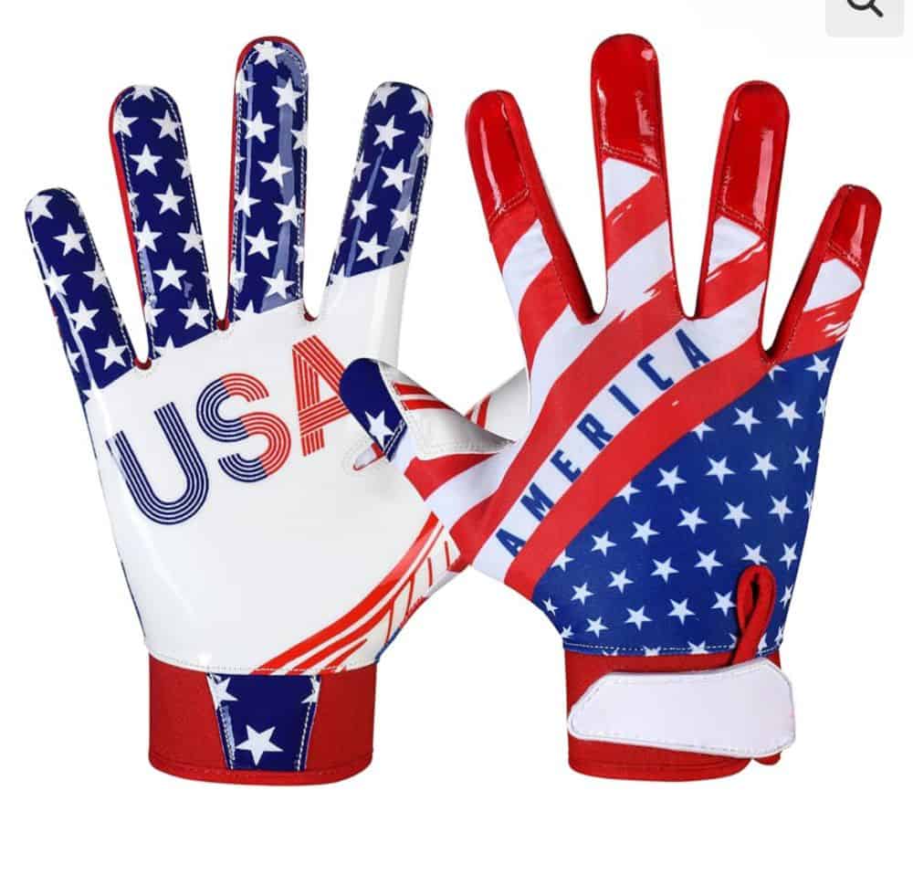 USA patriotic gloves with American flag design, stars and stripes, perfect for national celebrations and sports events.