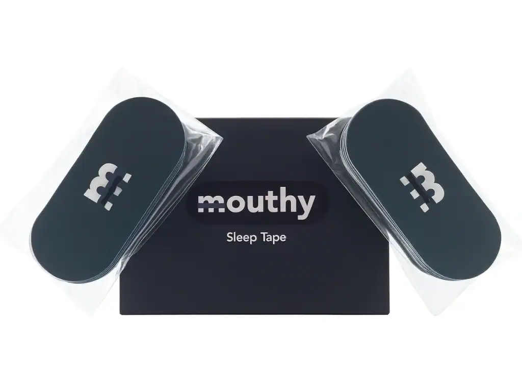 Black mouthy sleep tape in resealable packaging, designed for adults to improve sleep quality by preventing teeth grinding and jaw clenching, ideal for nighttime oral health.