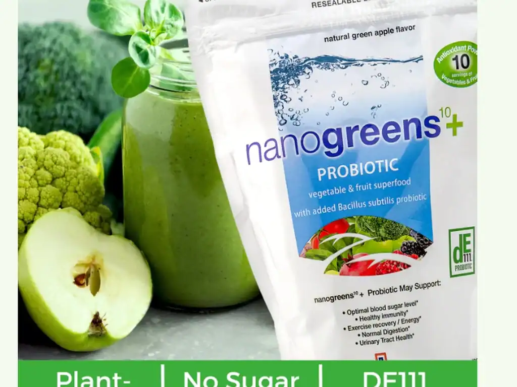 Probiotic nanogreens supplement with vegetables and fruits, featuring Bacillus subtilis probiotic, supporting digestive health, immunity, and energy, ideal for a healthy lifestyle.